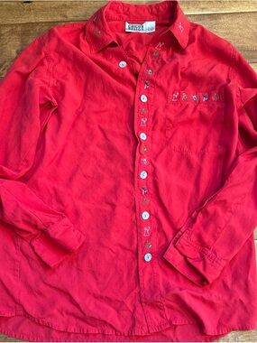 Chico's Bright Red Horse Embroidered Button-Down Silk Shirt